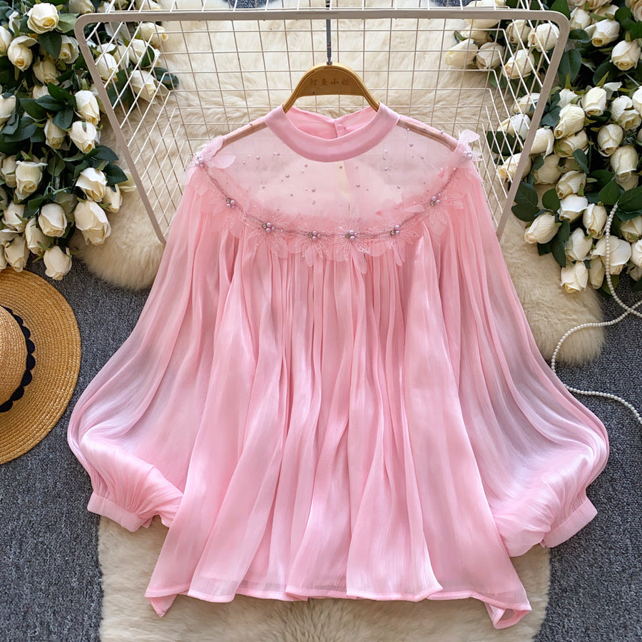 Fairy-style Puff-sleeve Mesh Long-sleeve Floral Blouse