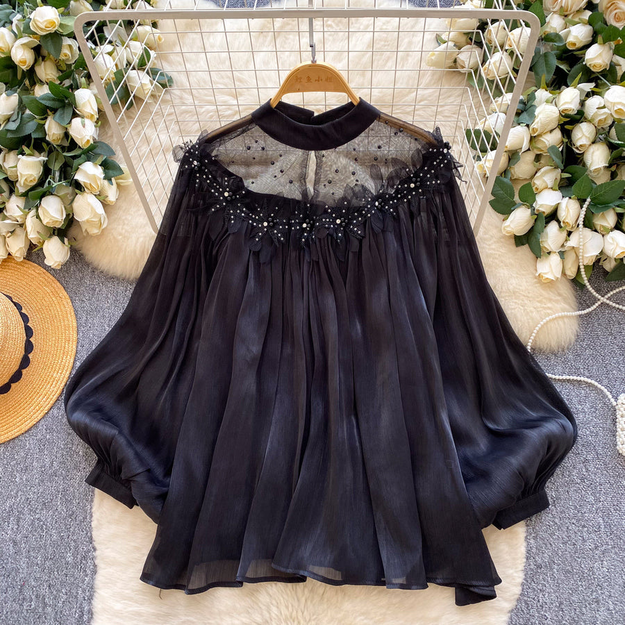 Fairy-style Puff-sleeve Mesh Long-sleeve Floral Blouse