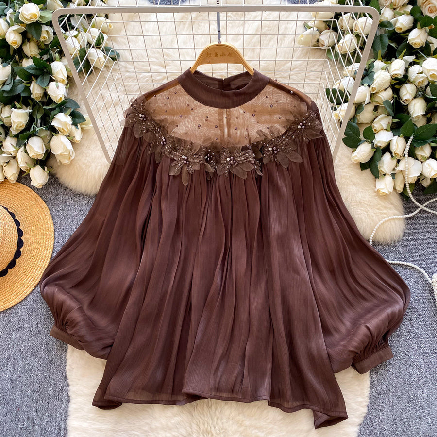 Fairy-style Puff-sleeve Mesh Long-sleeve Floral Blouse