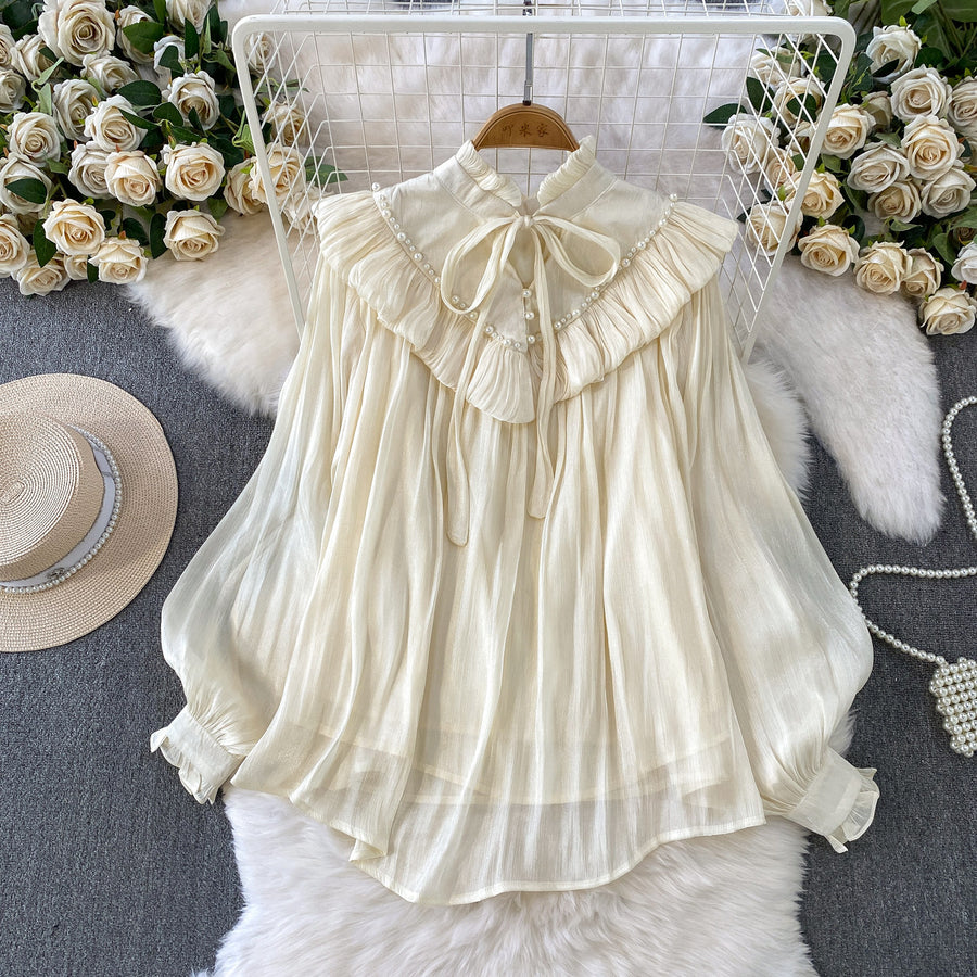 Fairy-style Sweet Ruffled Frill Blouse with Lace-up Collar