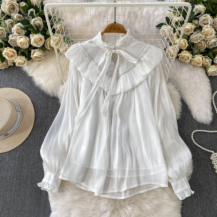 Fairy-style Sweet Ruffled Frill Blouse with Lace-up Collar