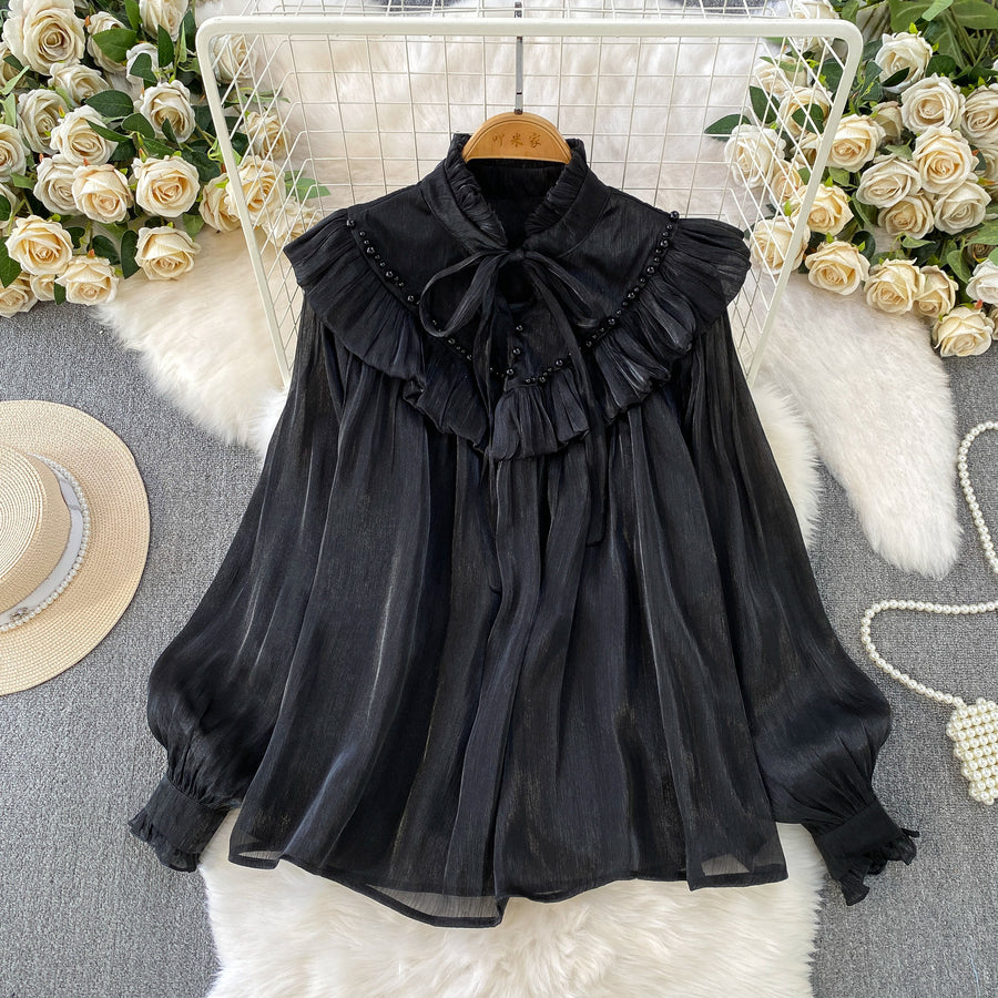 Fairy-style Sweet Ruffled Frill Blouse with Lace-up Collar