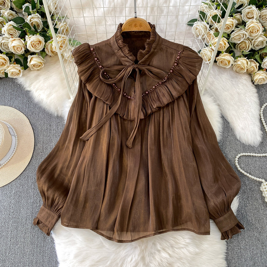Fairy-style Sweet Ruffled Frill Blouse with Lace-up Collar