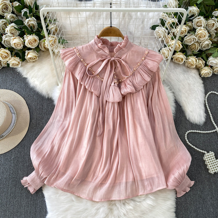 Fairy-style Sweet Ruffled Frill Blouse with Lace-up Collar