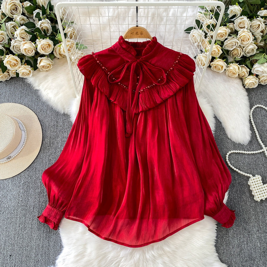 Fairy-style Sweet Ruffled Frill Blouse with Lace-up Collar