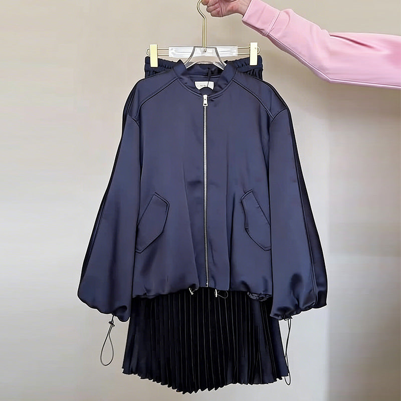 Drawstring Long-Sleeve Casual Pleated Maxi Skirt Set