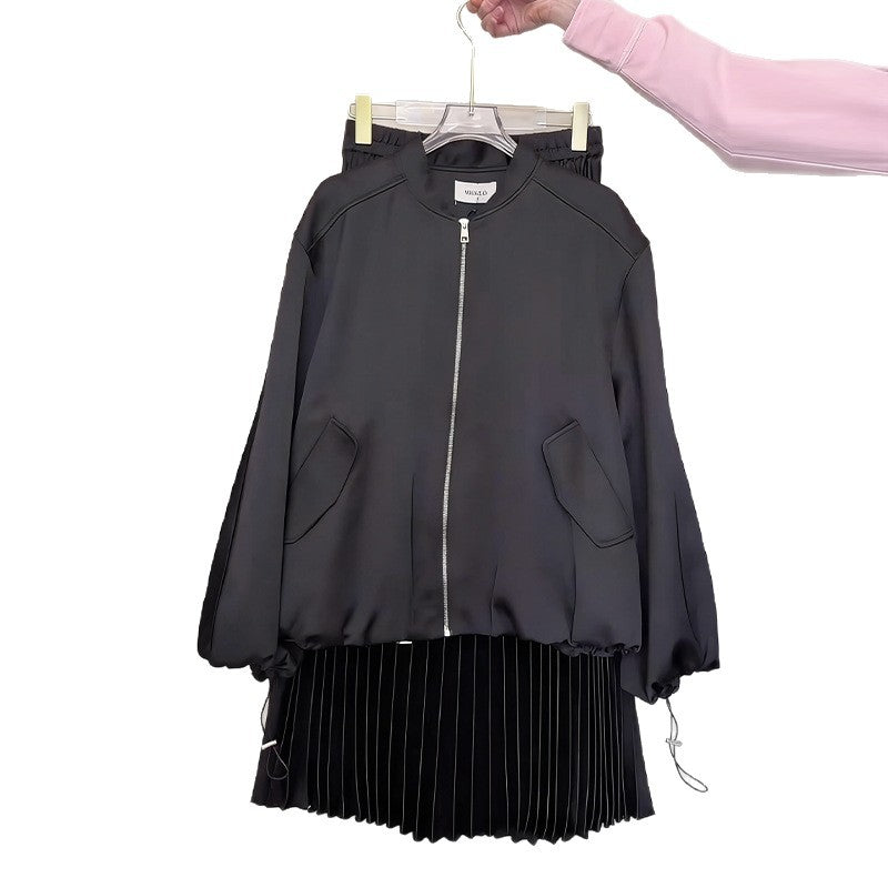 Drawstring Long-Sleeve Casual Pleated Maxi Skirt Set