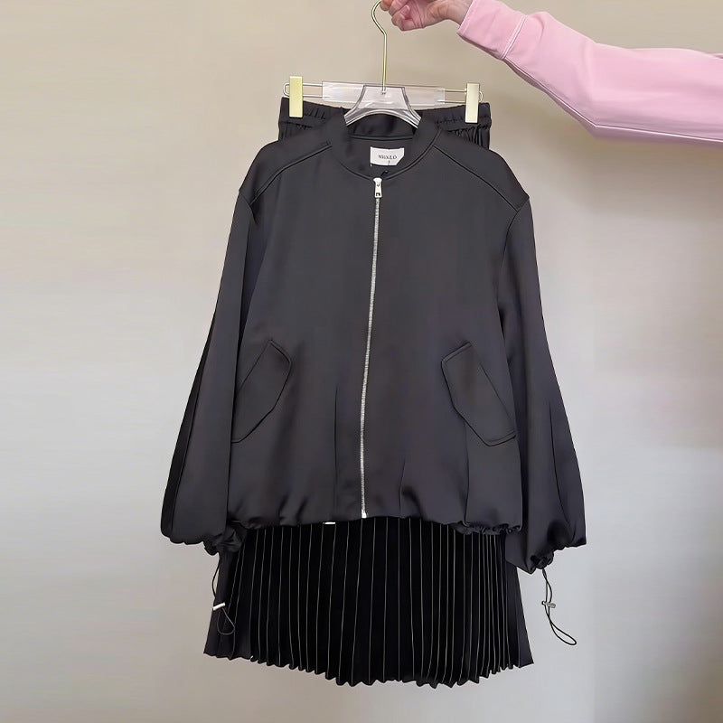 Drawstring Long-Sleeve Casual Pleated Maxi Skirt Set