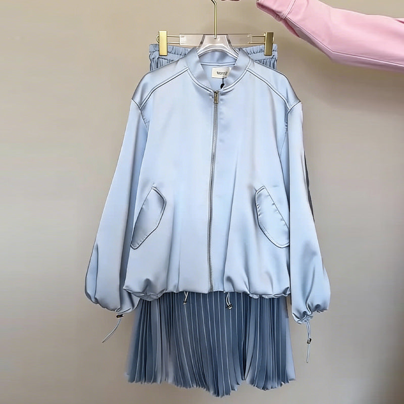 Drawstring Long-Sleeve Casual Pleated Maxi Skirt Set