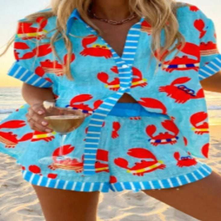 Beach Pants Short Sleeve Shirt Suit for Women