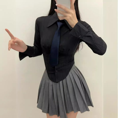 Turn-down Collar Long Sleeves Solid Color Slim-fit Blouse