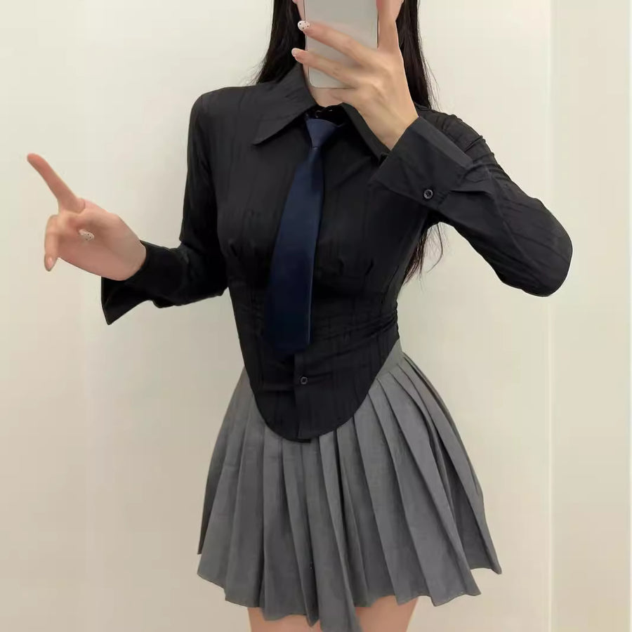 Turn-down Collar Long Sleeves Solid Color Slim-fit Blouse