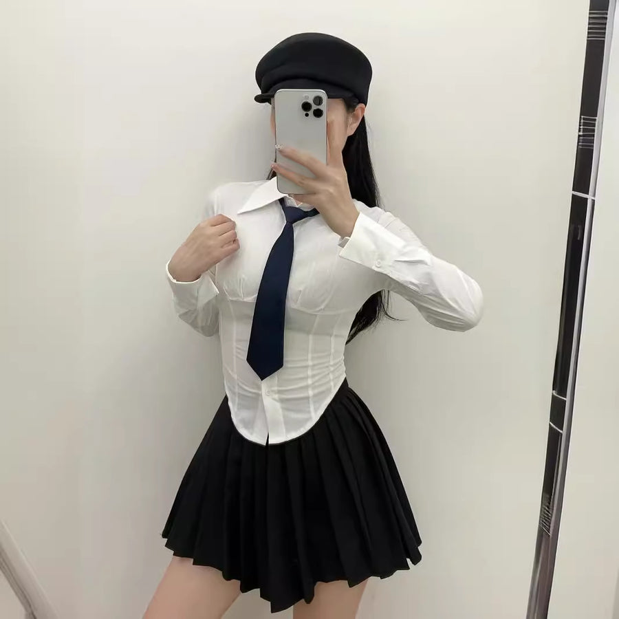 Turn-down Collar Long Sleeves Solid Color Slim-fit Blouse