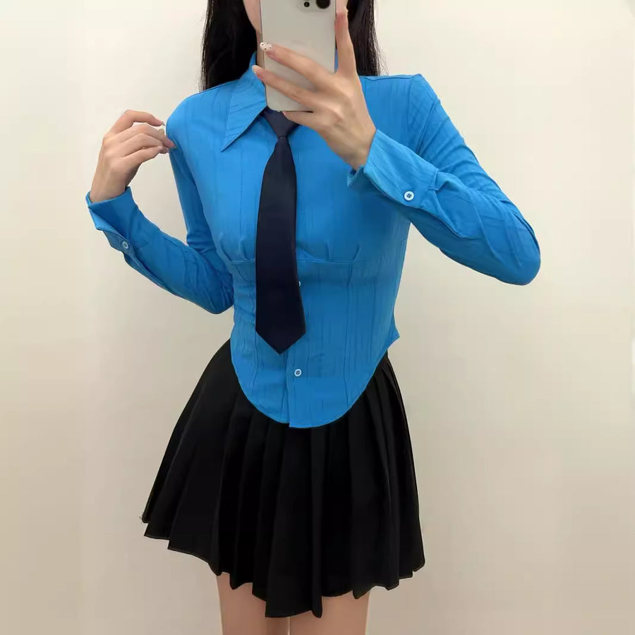 Turn-down Collar Long Sleeves Solid Color Slim-fit Blouse