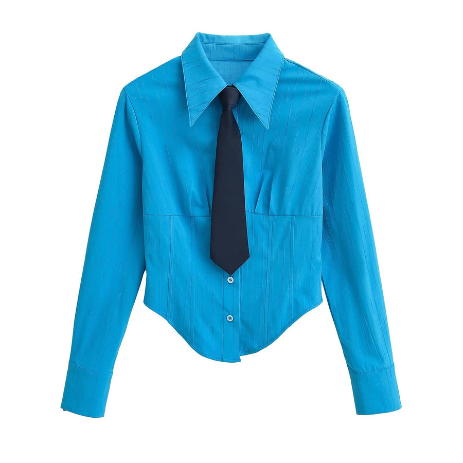 Turn-down Collar Long Sleeves Solid Color Slim-fit Blouse