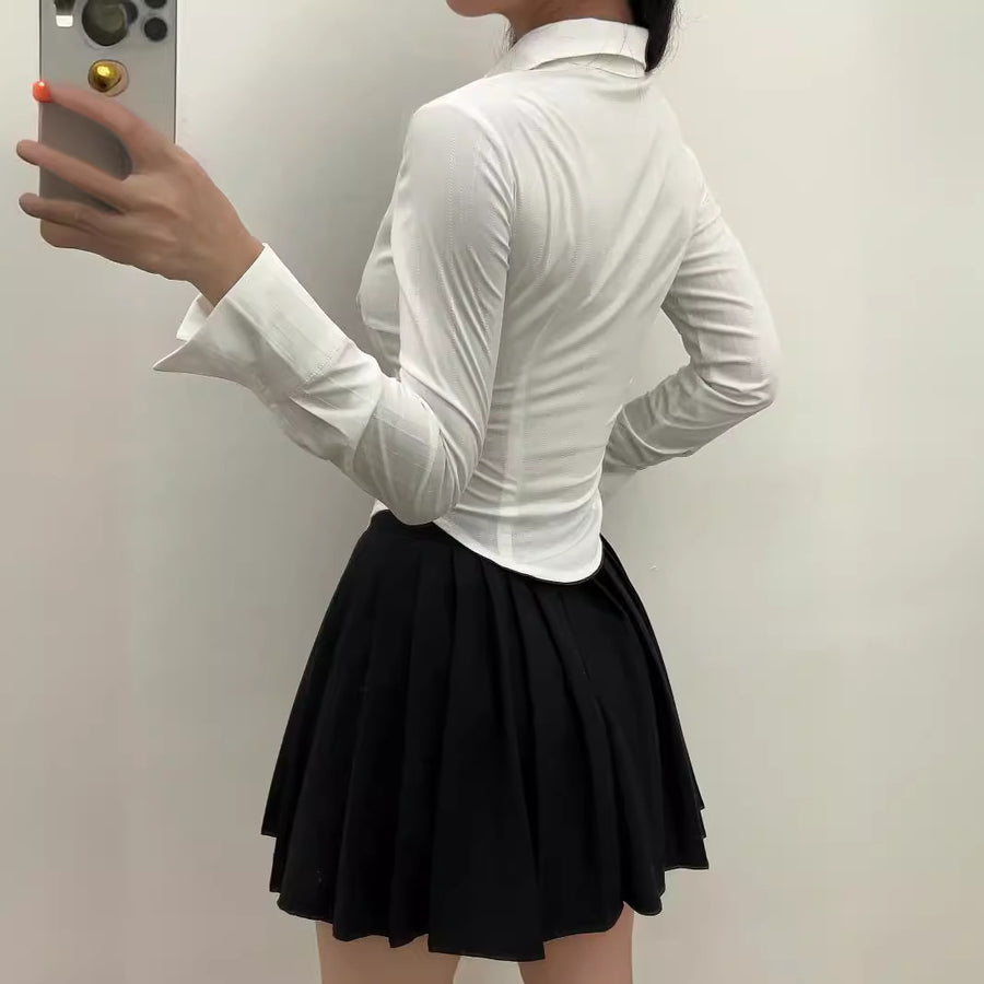 Turn-down Collar Long Sleeves Solid Color Slim-fit Blouse