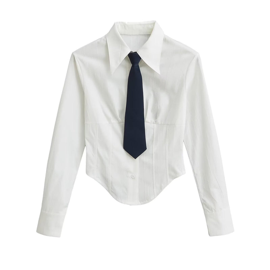 Turn-down Collar Long Sleeves Solid Color Slim-fit Blouse