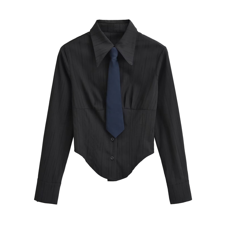 Turn-down Collar Long Sleeves Solid Color Slim-fit Blouse