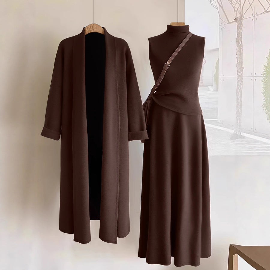 Stylish Cardigan Turtleneck Vest and Maxi Skirt Set