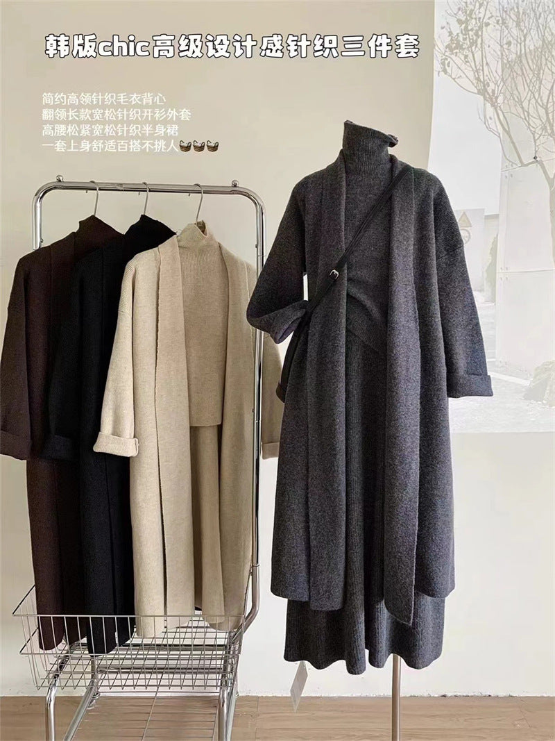 Stylish Cardigan Turtleneck Vest and Maxi Skirt Set