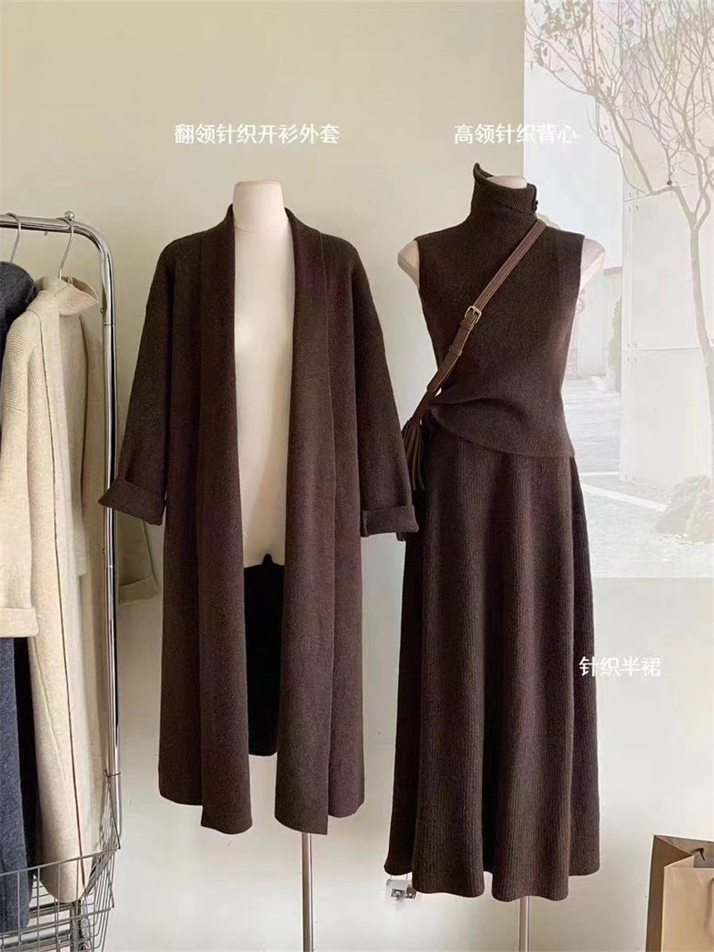 Stylish Cardigan Turtleneck Vest and Maxi Skirt Set