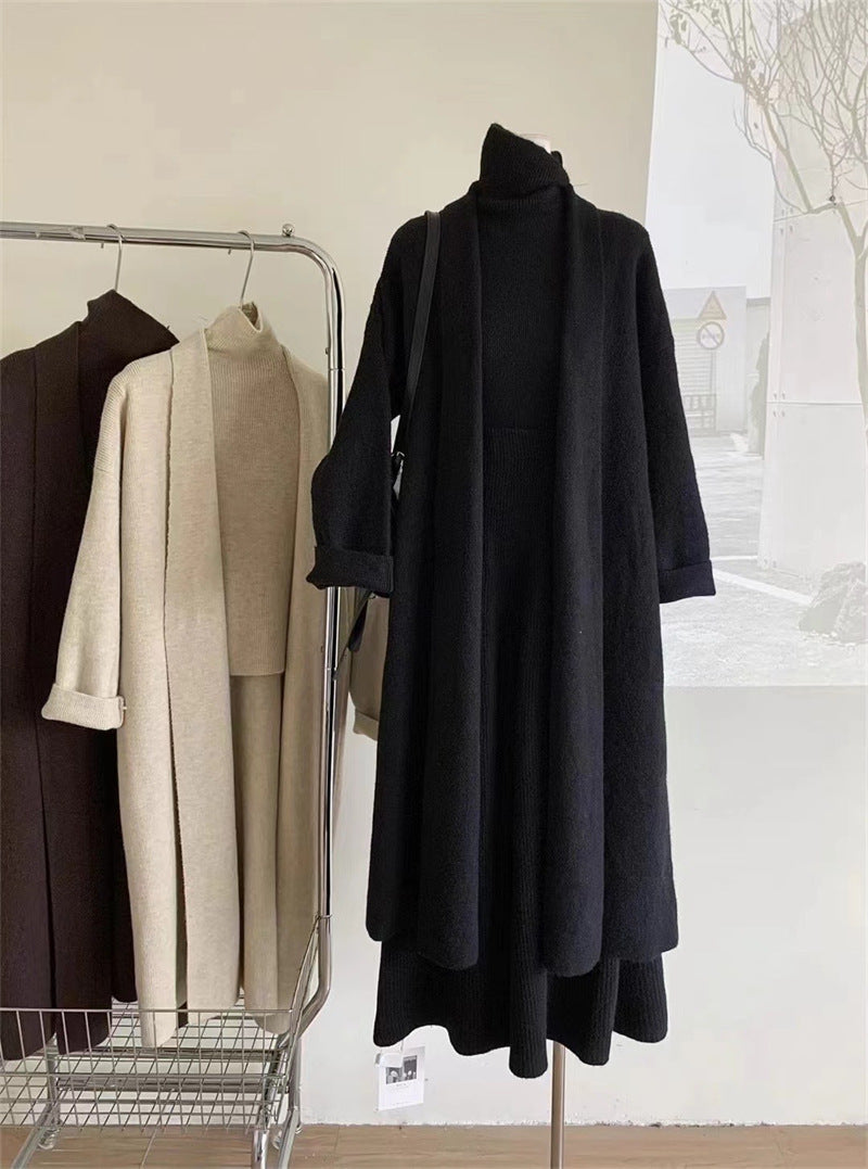 Stylish Cardigan Turtleneck Vest and Maxi Skirt Set