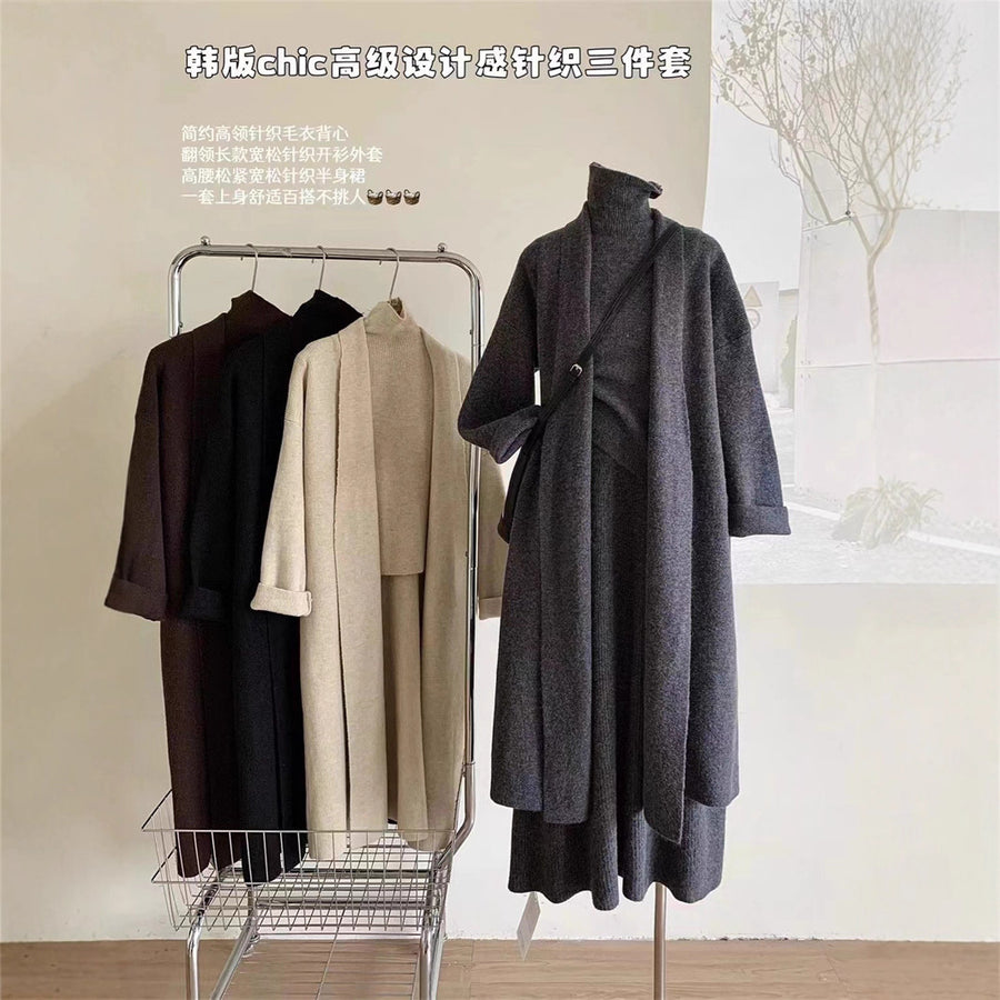 Stylish Cardigan Turtleneck Vest and Maxi Skirt Set