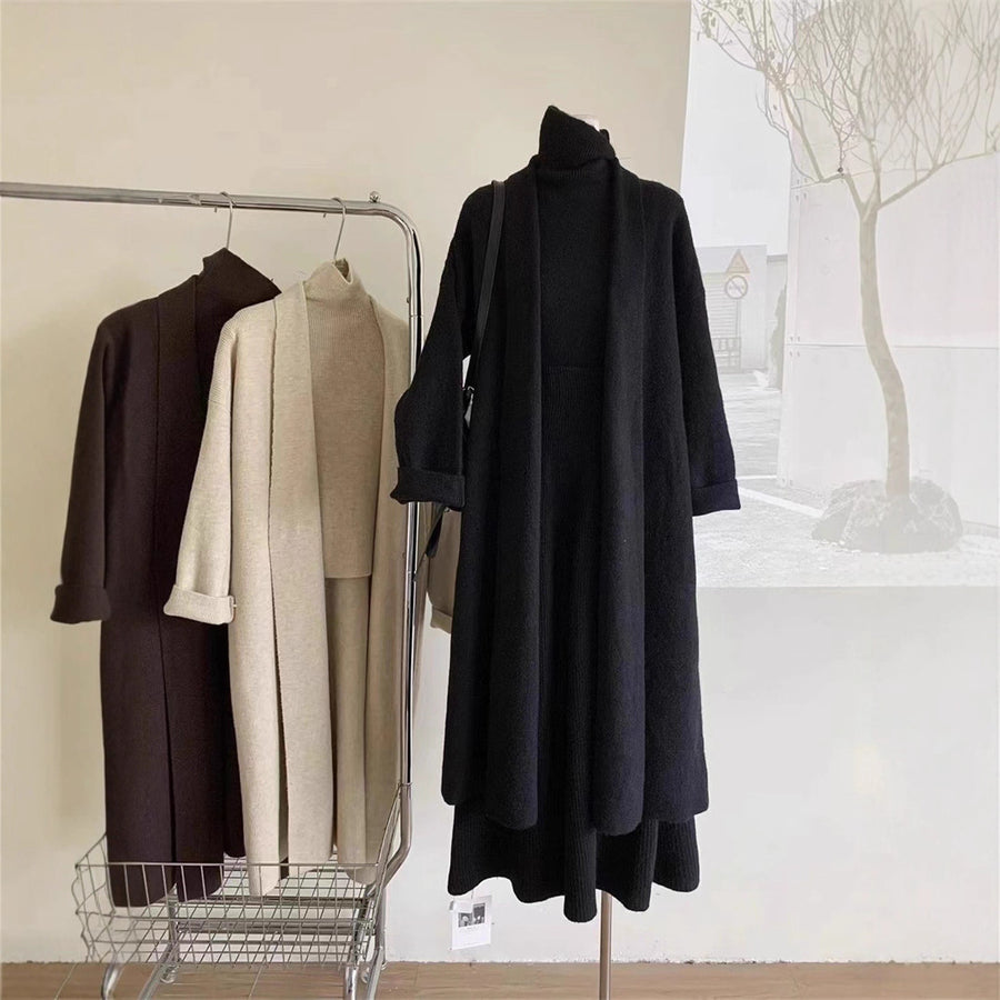 Stylish Cardigan Turtleneck Vest and Maxi Skirt Set
