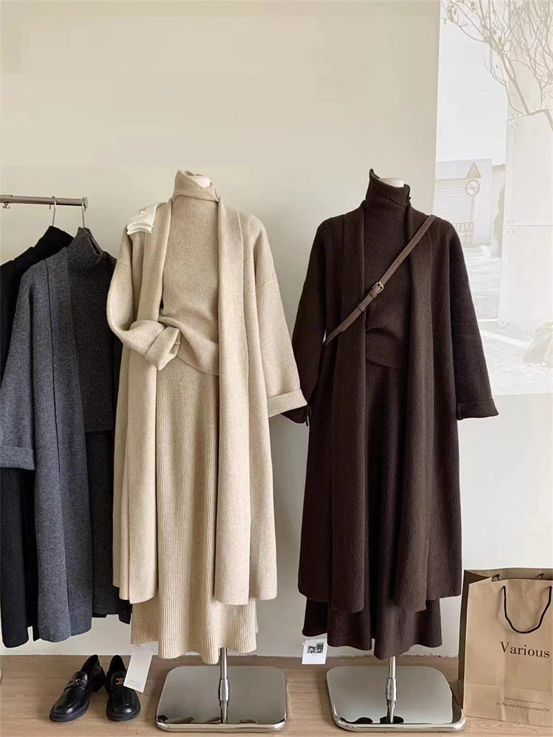 Stylish Cardigan Turtleneck Vest and Maxi Skirt Set