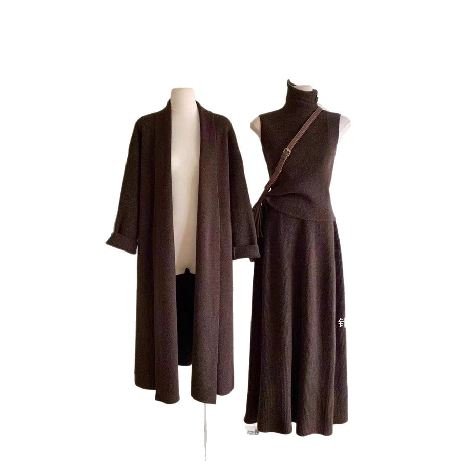 Stylish Cardigan Turtleneck Vest and Maxi Skirt Set