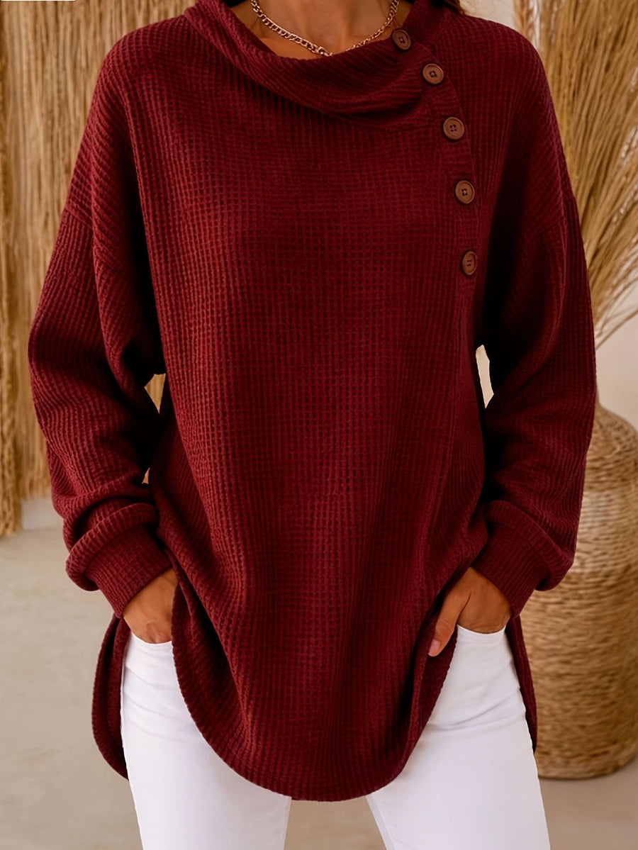 Womens Solid-Color Waffle-Weave Long-Sleeve Casual Shirt