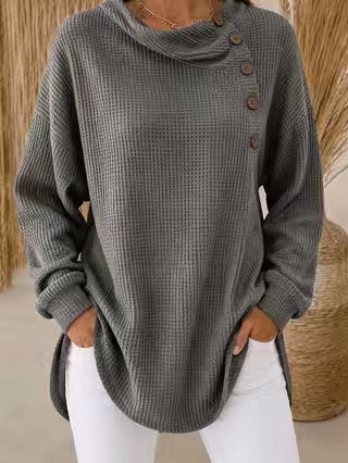 Womens Solid-Color Waffle-Weave Long-Sleeve Casual Shirt