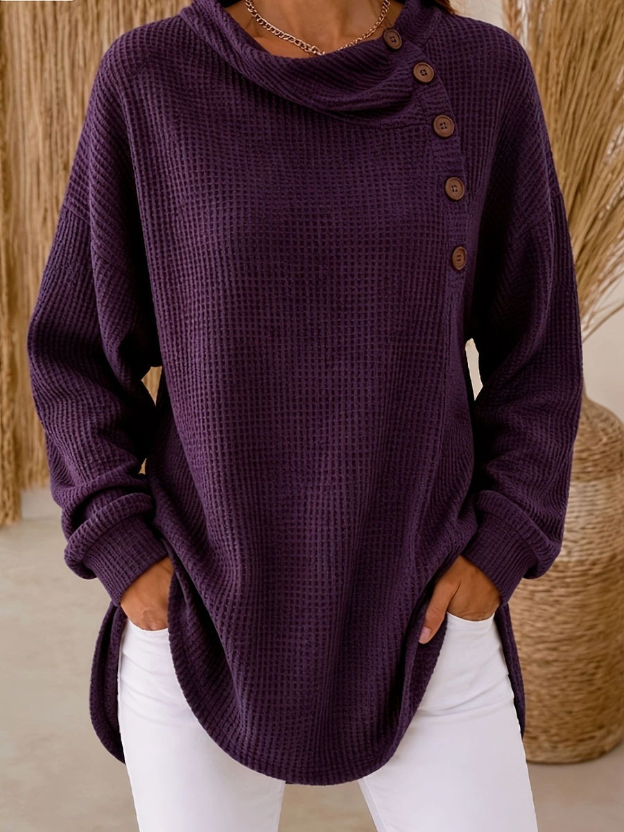 Womens Solid-Color Waffle-Weave Long-Sleeve Casual Shirt