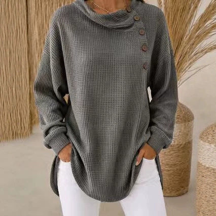 Womens Solid-Color Waffle-Weave Long-Sleeve Casual Shirt