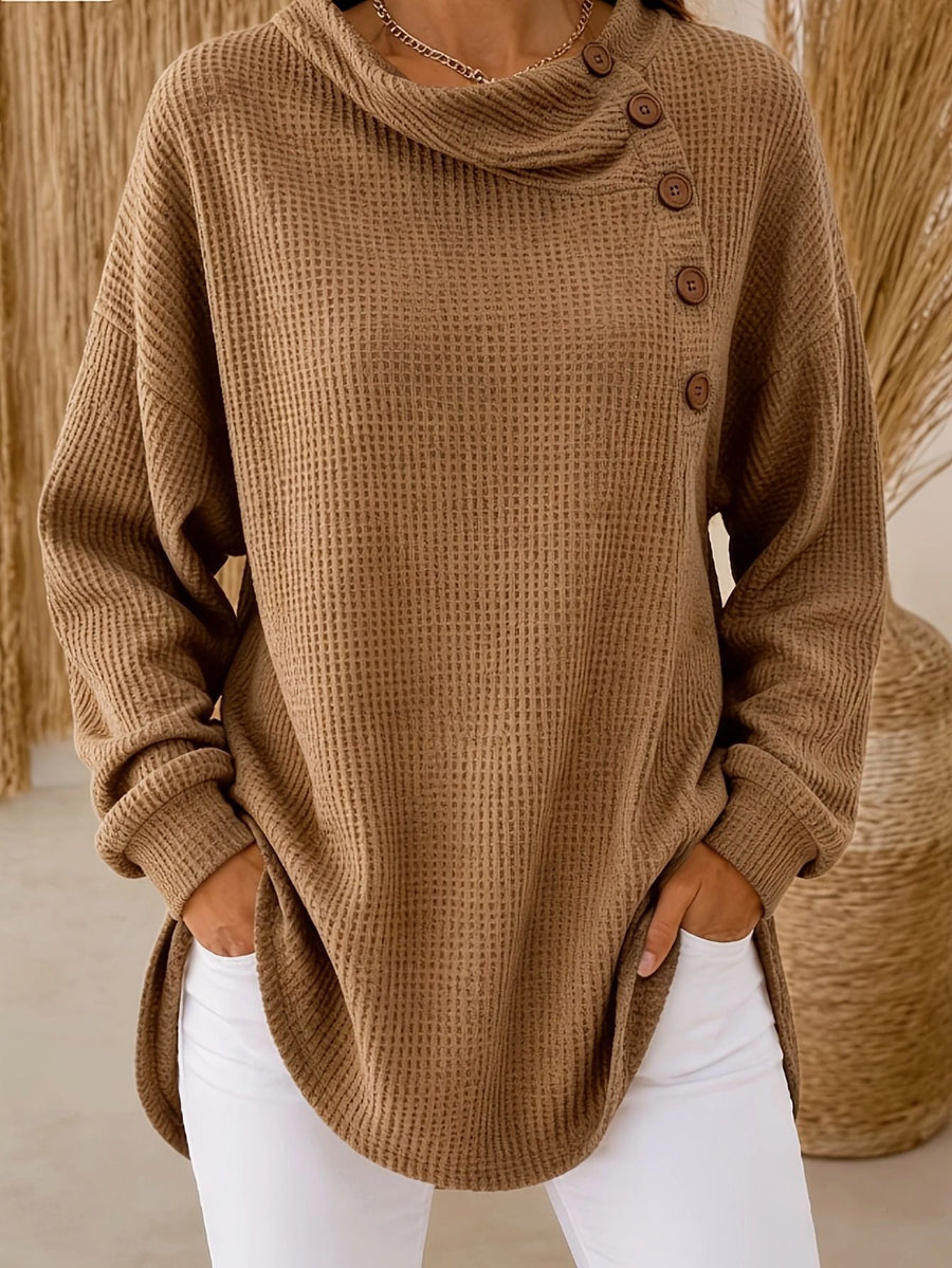 Womens Solid-Color Waffle-Weave Long-Sleeve Casual Shirt