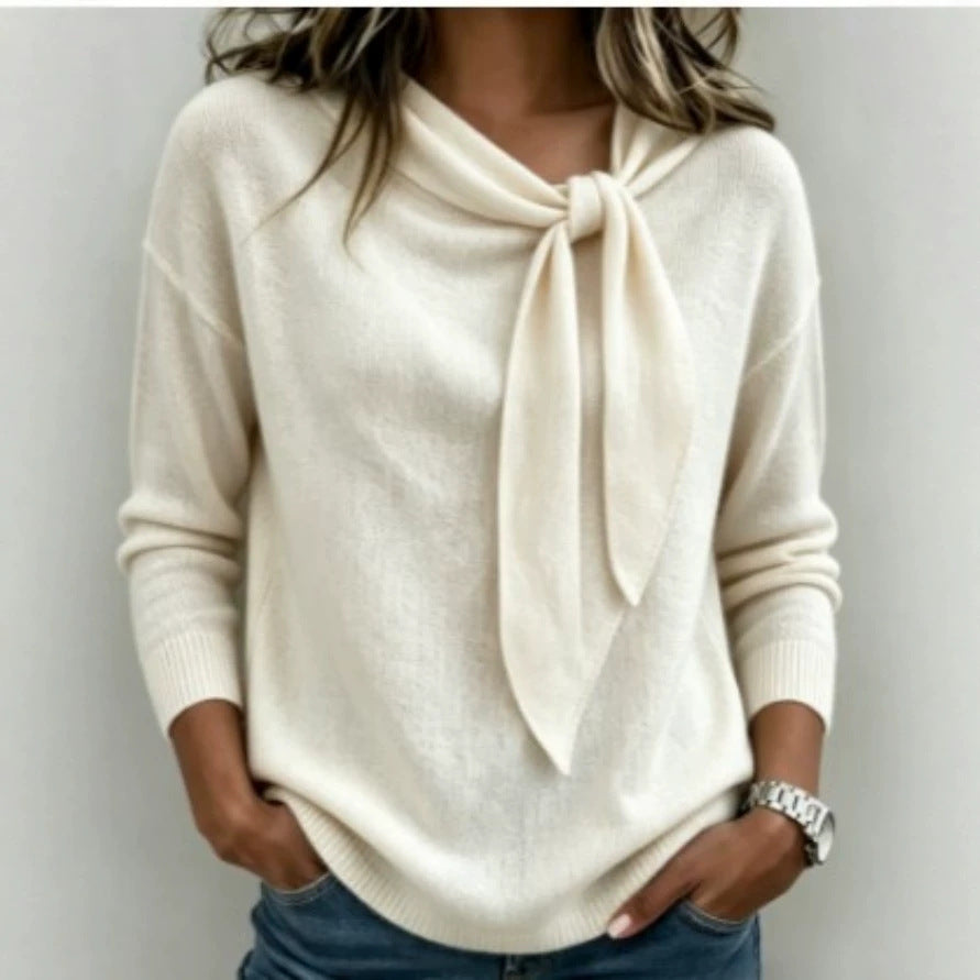 Knitted Bow-Knot Sweater - Solid-Color Women's Wear