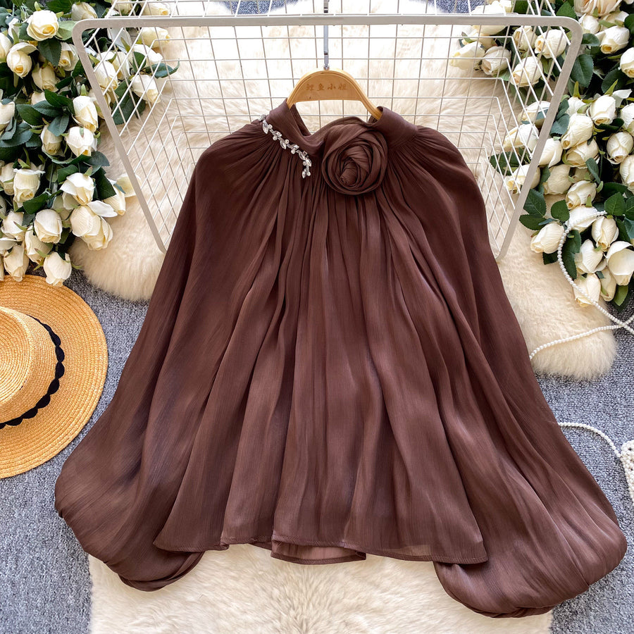 Gentle-style Red Satin Pleated Shirt with Bell Sleeves
