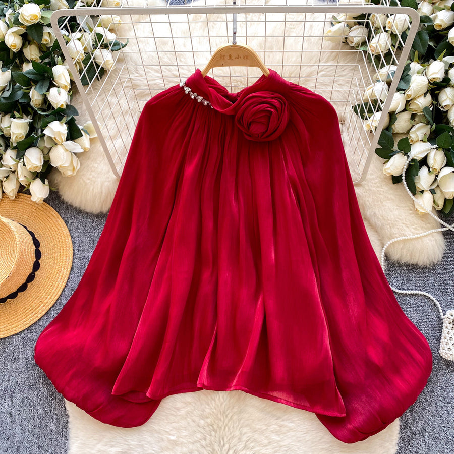 Gentle-style Red Satin Pleated Shirt with Bell Sleeves
