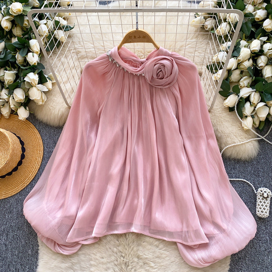 Gentle-style Red Satin Pleated Shirt with Bell Sleeves