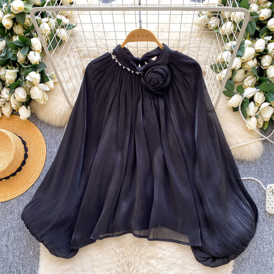 Gentle-style Red Satin Pleated Shirt with Bell Sleeves