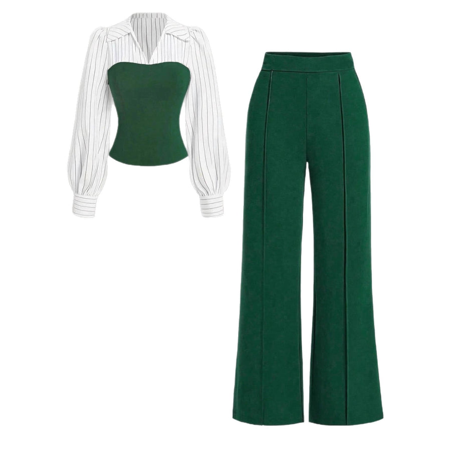 V-neck Waist-cinching Patchwork Shirt and Pants Set