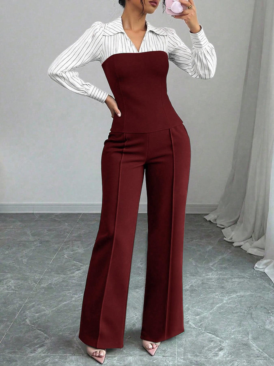 V-neck Waist-cinching Patchwork Shirt and Pants Set