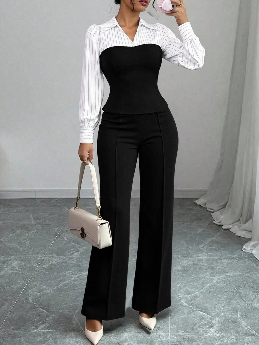 V-neck Waist-cinching Patchwork Shirt and Pants Set