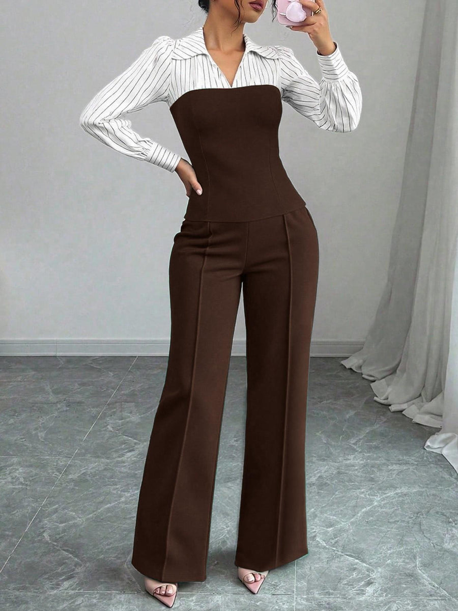 V-neck Waist-cinching Patchwork Shirt and Pants Set