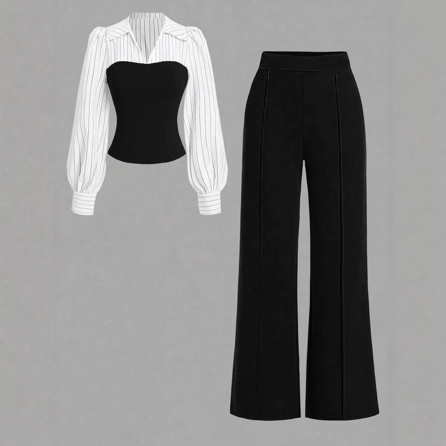 V-neck Waist-cinching Patchwork Shirt and Pants Set