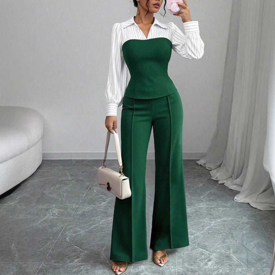 V-neck Waist-cinching Patchwork Shirt and Pants Set