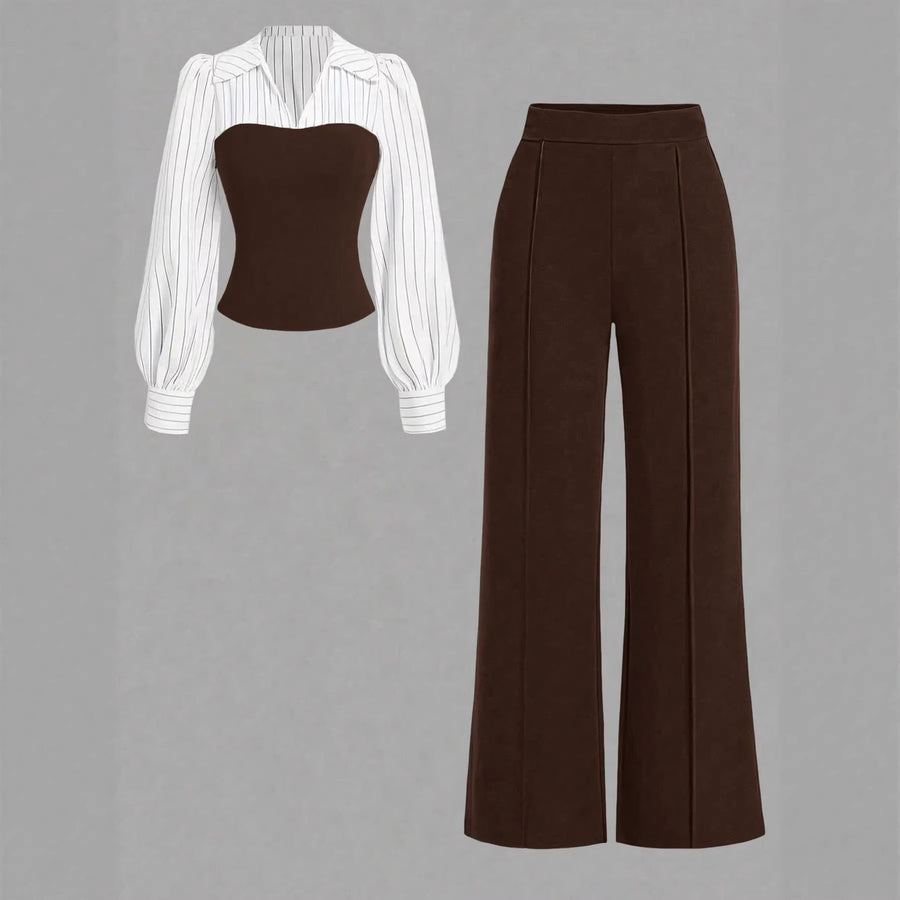 V-neck Waist-cinching Patchwork Shirt and Pants Set