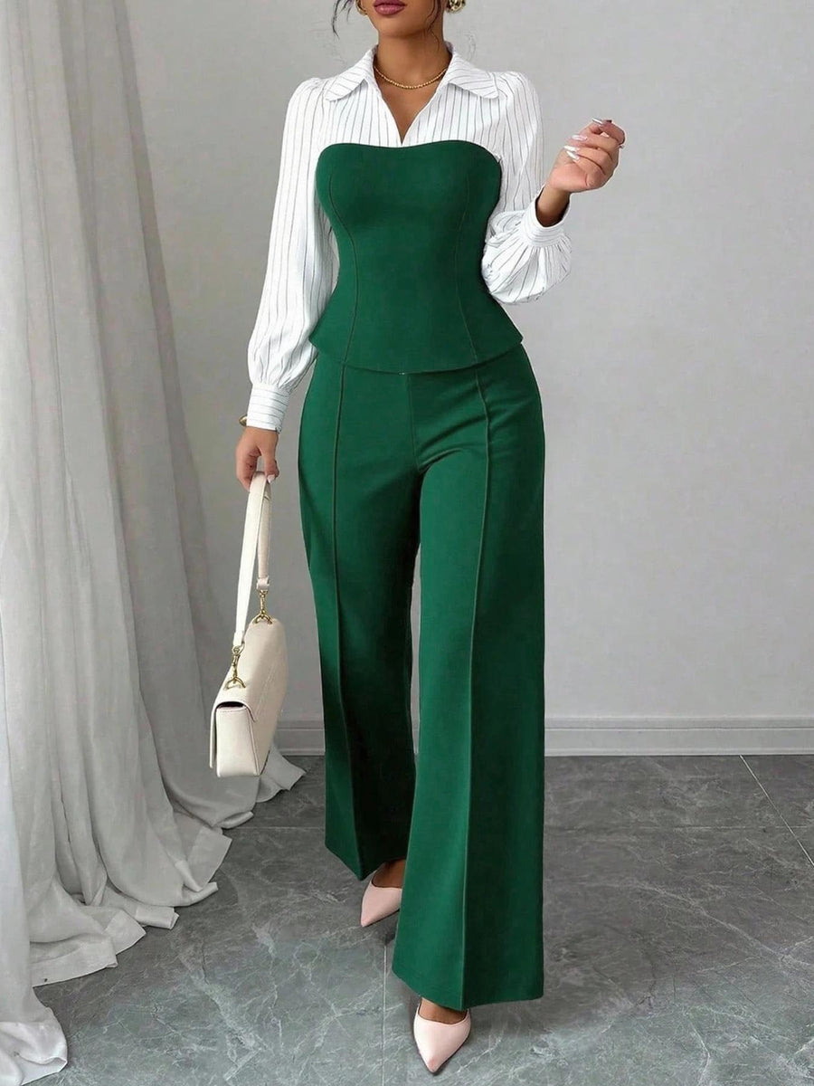 V-neck Waist-cinching Patchwork Shirt and Pants Set