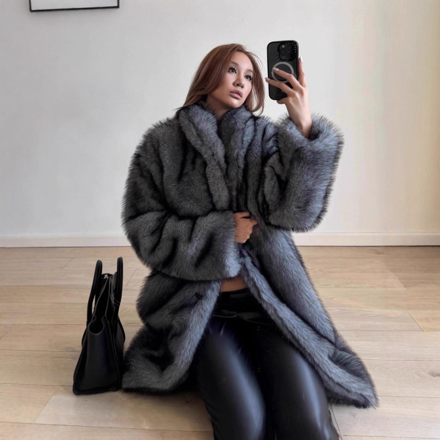 European and American Faux Fur Trench Coat - Elongated Style