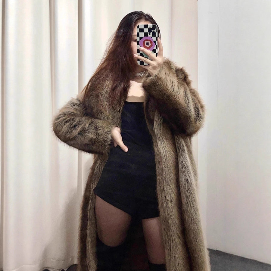 European and American Faux Fur Trench Coat - Elongated Style